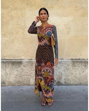 Never Fully Dressed Mesh Long Sleeve High Split Midi Dress - Natural