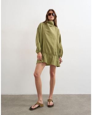 TOPSHOP Cupro Funnel Neck Dropped Waist Long Sleeve Mini Dress - Green