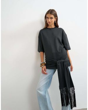 TOPSHOP Premium T-Shirt Met Franjes En Strikdetail - Zwart