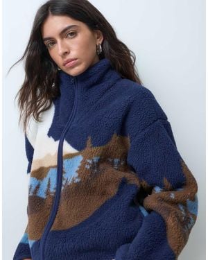 Brave Soul Zip Through Fleece With Landscape Graphic Print - Blue