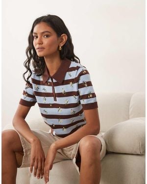 Miss Selfridge Polo Marrón Chocolate A Rayas De Punto Bordado - Blanco