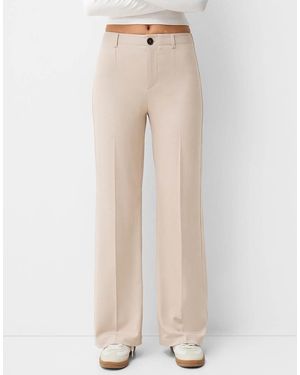 Bershka Petite Wide-Leg Tailoring Trousers - Natural