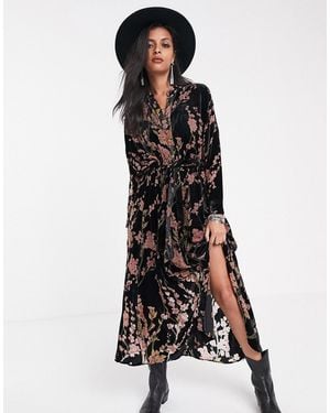 Religion Burnout Velvet Button Front Maxi Dress-black