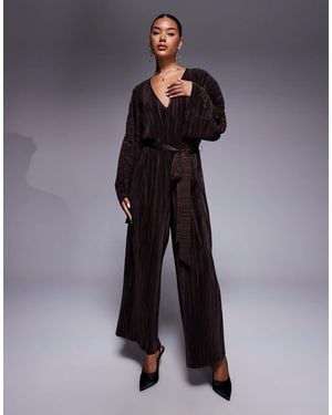 ASOS Plisse V Front Tie Back Waist Wide Leg Jumpsuit - Blue