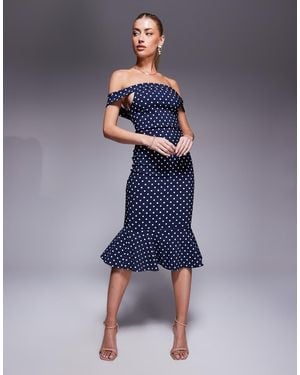 Vesper Bardot Frill Hem Midi Dress - Blue