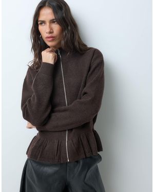 Mango Knitted Peplum Hem Zip Through Jacket - Black