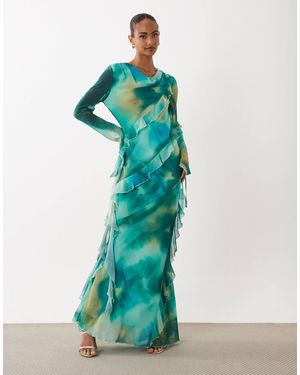 DASKA Chiffon High Cowl Neck Frill Detail Maxi Dress - Green