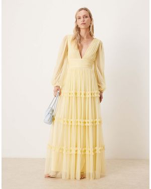 LACE & BEADS Tulle V Neck Sheer Sleeve Maxi Dress - Natural