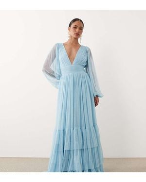 LACE & BEADS Bridesmaid Smocked Madison Long Sleeve Maxi Dress - Blue