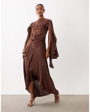 TFNC London Bridesmaids Cape Top Satin Maxi Dress With Wrap Skirt - Brown