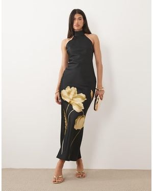 Pretty Lavish Kiara Satin Halter Neck Open Back Maxi Dress - Brown