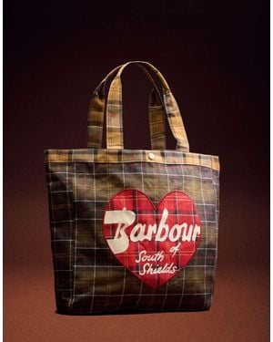 Barbour Heart Graphic Logo Tartan Check Tote Bag - Red