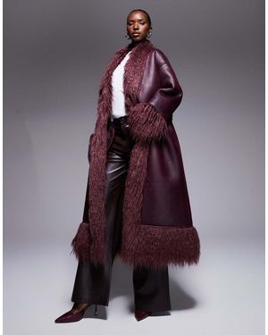 Aria Cove Abrigo Largo De Tejido Efecto Cuero Con Cinturón Y Ribete De Piel Sintética De Pelo Largo De -Rojo - Morado