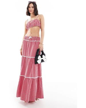The Frolic Falda Larga Roja A Cuadros Vichy Escalonada Con Cintura Fruncida Y Ribete De Encaje Exclusiva De (Parte De Un Conjunto) - Rosa