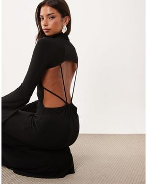 ASOS Slinky High Neck Maxi Dress With Flute Sleeve And Draped Open Back Strappy Detail - Black