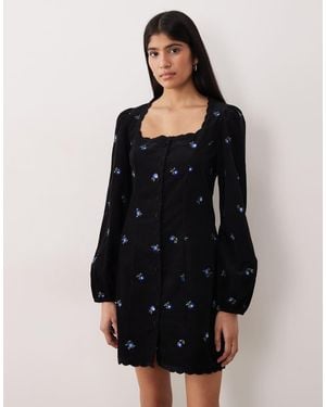 Nobody's Child Memphis Cord Floral Embroidered Button Front Scallop Edge Mini Dress - Black