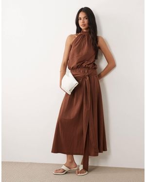 ASOS Linen Look Halter Neck Bubble Hem Maxi Dress - Brown