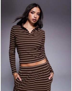 Wanderdoll Frankie Premium Heavyweight Jersey Collar Detail Long Sleeve Polo Top Co-Ord - Brown