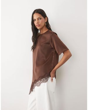 River Island Asymmetric Lace Satin T-Shirt - Brown