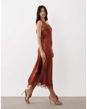 Mango Capsule Asymmetric Satin Midi Dress With Lace Trim - Brown