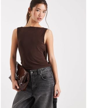 Collusion Slinky Twist Back Slash Neck Top - Brown