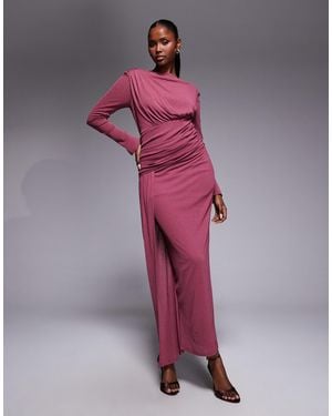 DASKA Long Sleeve Asymmetric Drape Detail Maxi Dress - Pink
