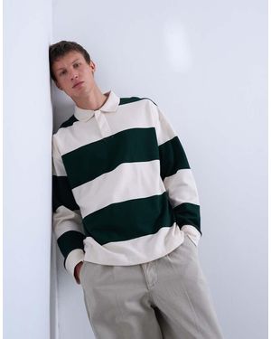 TOPMAN Oversized Fit Striped Rugby Polo - White