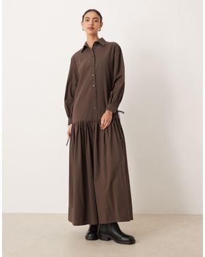 ASOS Long Sleeved Tie Detail Maxi Shirt Dress - Brown