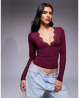 ASOS Top Sinuoso A Maniche Lunghe Color Bordeaux Con Scollo Profondo A V E Dettaglio - Viola