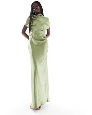 Six Stories Bridesmaid Ruched Drape Satin Maxi Dress - Green