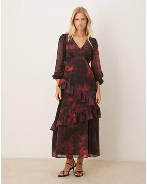 Lovedrobe V Neck Blouson Sleeve Ruffle Midaxi Dress - Brown