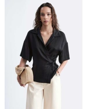 & Other Stories Short Sleeve Wrap Linen Shirt With Tie Waist Detail - Black