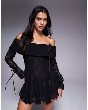 Murci Exclusive Lace Bardot Fit And Flare Godet Detail Mini Dress - Black