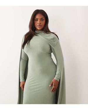 ASOS Asos Design Curve Slinky Long Sleeve Maxi Dress With Extreme Cape Shoulder Detail - Green