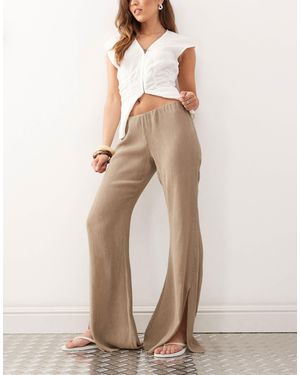 Weekday Flare Leg Plisse Pants With Split Hem Detail - Natural
