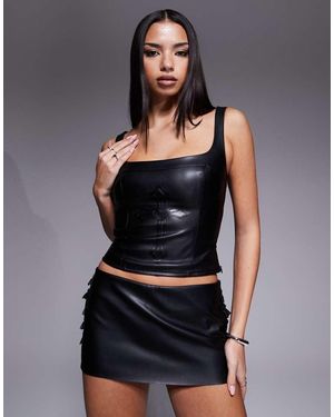 I.AM.GIA Riva Leather Look Scoop Neck Top With Cross Detail - Black