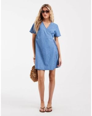 Vero Moda Short Sleeve Wrap Front Denim Mini Dress - Blue