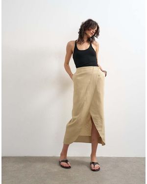 TOPSHOP Falda Larga Color Topo Cruzada De Lino-Marrón - Neutro