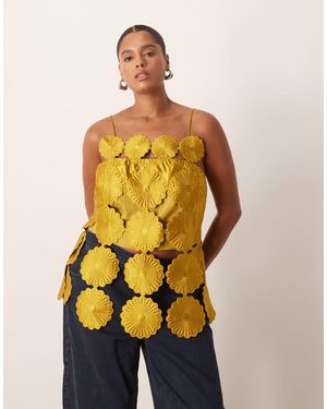 ARRANGE Curve Cut Work Floral Fringe Hem Top - Yellow