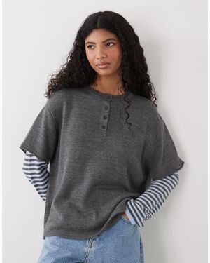 Collusion 2 In 1 Oversized Henley Knitted Sweater With Stripe Sleeve In Grey