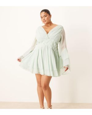 ASOS Asos Design Curve Long Sleeve Volume Mini Dress With Lattice Waist Detail - White