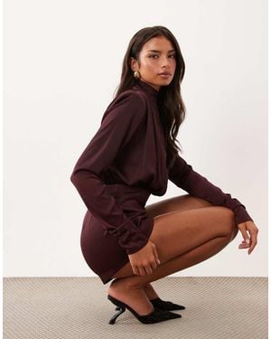 Noughts & Kisses Satin Funnel Neck Drape Detail Playsuit - Brown