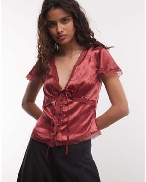 Reclaimed Vintage Satin Jacquard Tea Top - Red