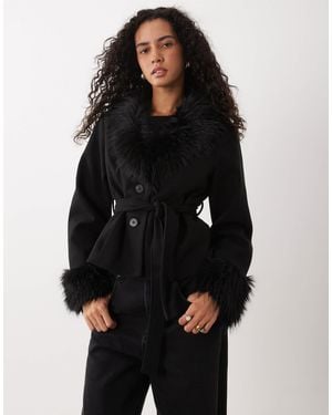 Vila Faux Fur Collar And Cuff Belted Jacket - Black