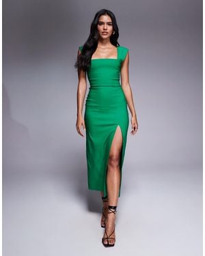 Vesper Bengaline Square Neck Thigh Split Midi Dress - Green