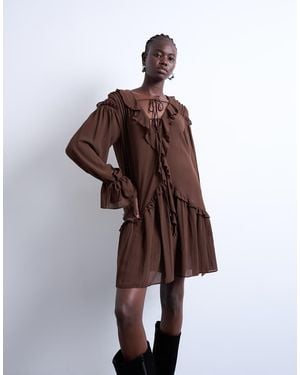 TOPSHOP Poet Sleeve Frill Mini Dress - Brown