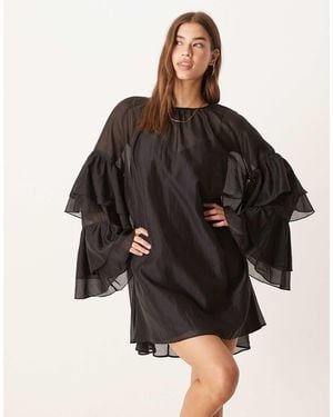 Glamorous Boho Ruffle Chiffon Mini Dress - Black
