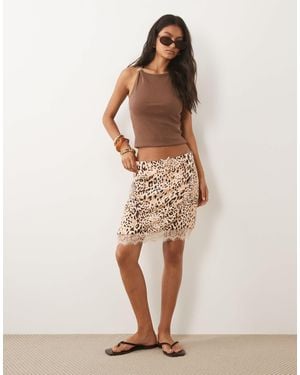 Miss Selfridge Satin Lace Trim Mini Skirt - Natural