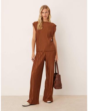 Vila Wide Leg Plisse Pants Co-ord - Brown