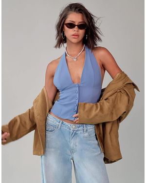 Princess Polly Serefina Tailored Halterneck Button Up Top - Blue